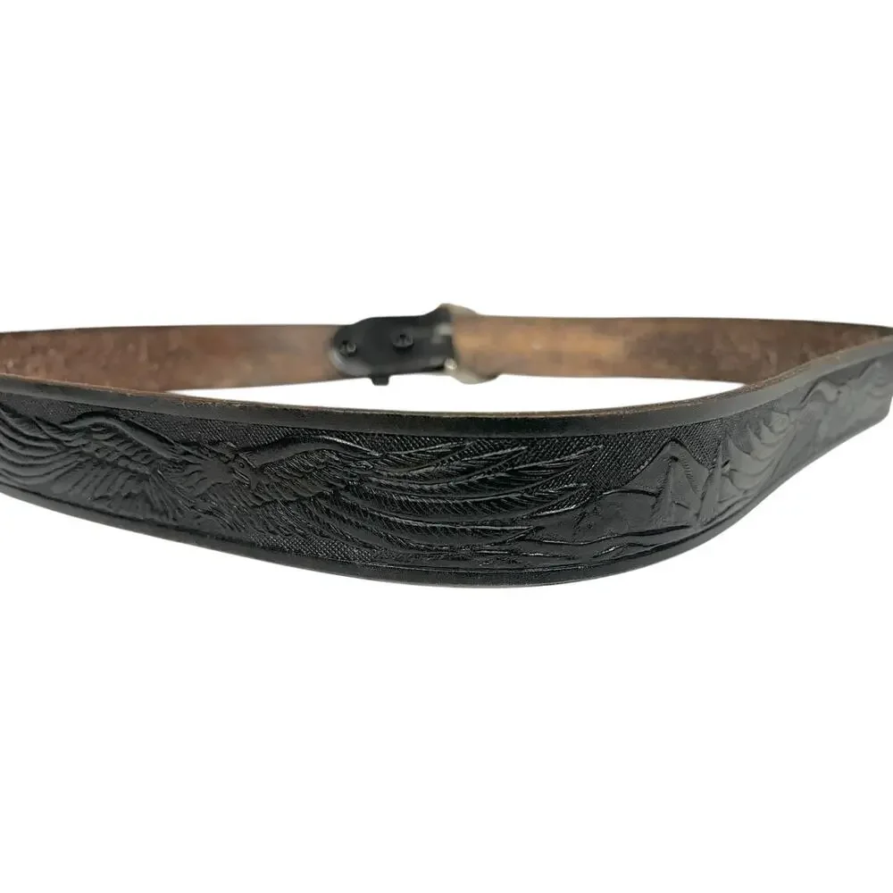 Vintage HAND TOOLED Belt WESTERN Eagle Black Leather Made In U.S.A Men’s 44